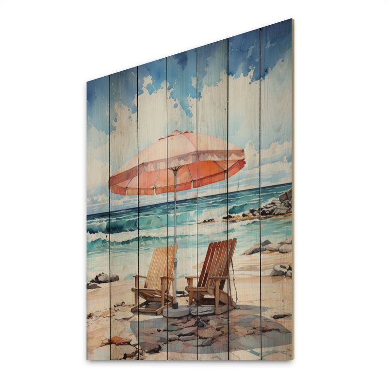 «Vintage Beach Chairs Scenery I» - Impression nautique et de plage sur bois de pin naturel, H 40 po x l 30 po x P 0,78 po