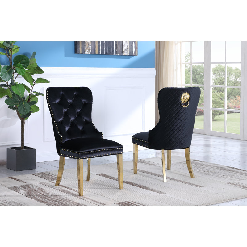 Chaise de salle à manger en velours 2 pièces Deprise Leo, Noir, Or