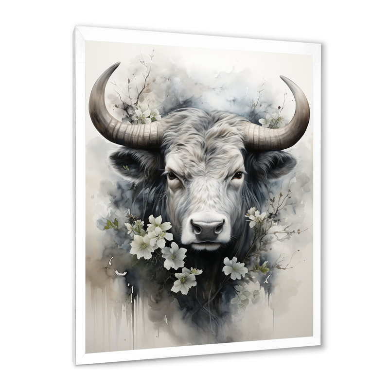 Champetres, art asiatique, vache Sumi IV, H 40 po x l 30 po x P 1,5 po, Cadre photo blanc