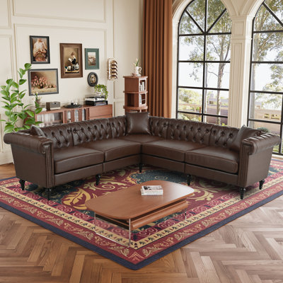 Sectional Sofa Couch L Shaped Reversible Modern Chesterfield Sofa With Rolled Arms And Nailhead, 5 Seat Tufted Couch PU Leather