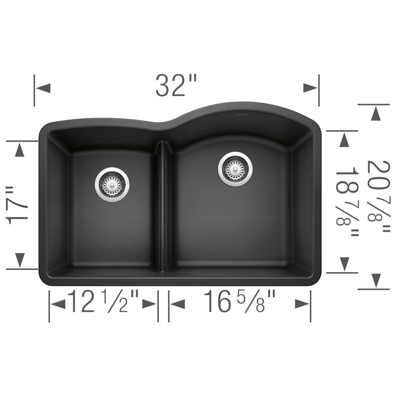 Diamond SILGRANIT 32" 40/60 Reverse Double Bowl Undermount Kitchen Sink with Low Divide, Anthracite