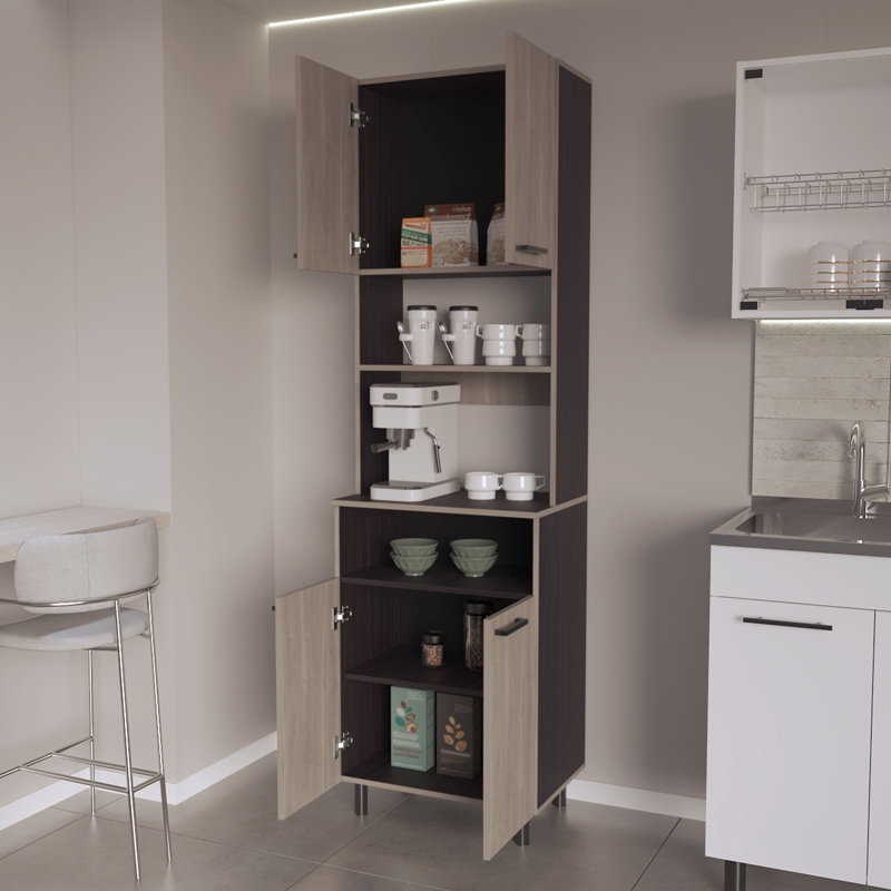 Garde-manger urbain avec rangement ouvert et 4 portes, chêne blanc et wengé
