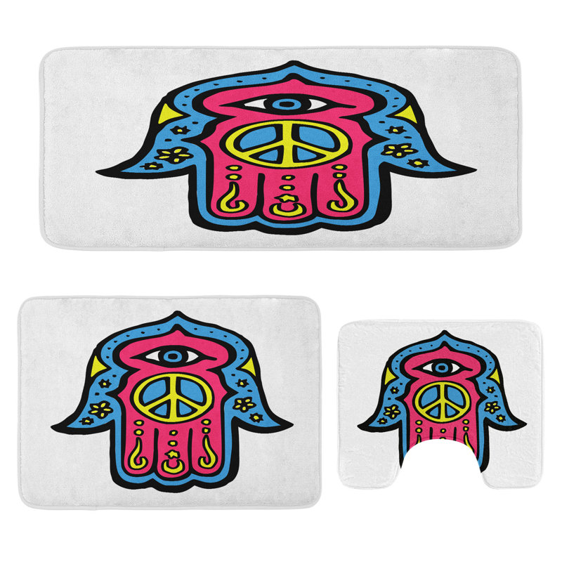  Ensemble de 3 tapis de salle de bain Hamsa en forme de U et de tapis rectangulaires rose bleu jaune