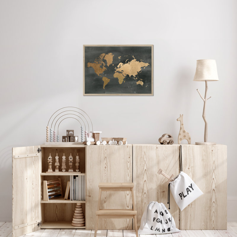 Gold World Map On Black Wash by Jennifer Goldberger - Print, 55cm H x 80cm W, Natural Wood Framed Paper Print