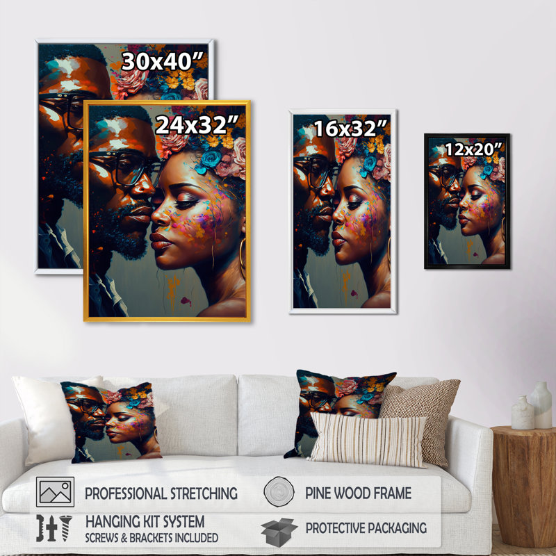 Art sur toile, "Couple amoureux", L 24 po x H 32 po, Cadre flottant doré