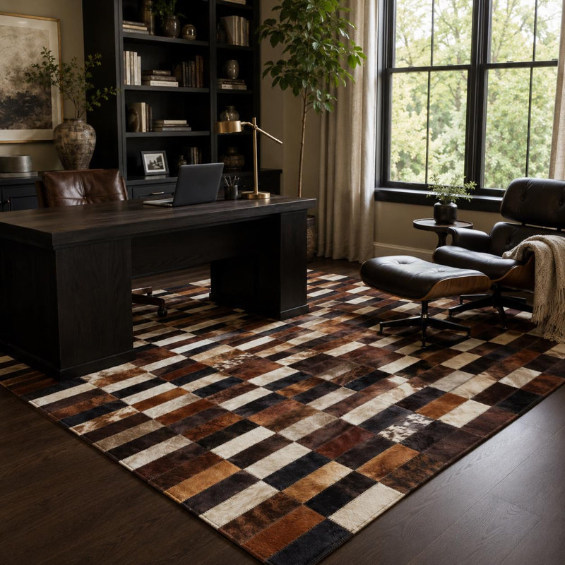 Tapis en cuir de vache patchwork fabriqué à la main, tapis en cuir géométrique, décoration de salon de luxe, 8 x 10 pi