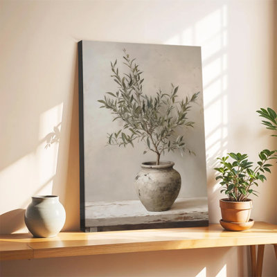 Olive Branch in Clay Vase Canvas Wall Art Framed Ready to Hang Living Room Bedroom Home Decor