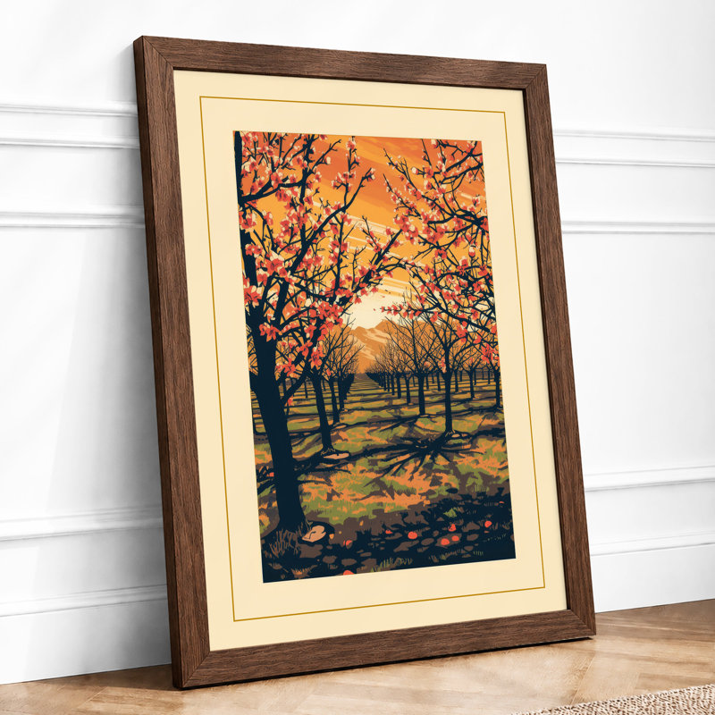 Orchard at Sunrise Japandi - Framed Print, A2 - 59.4 x 42.0 cm, Walnut