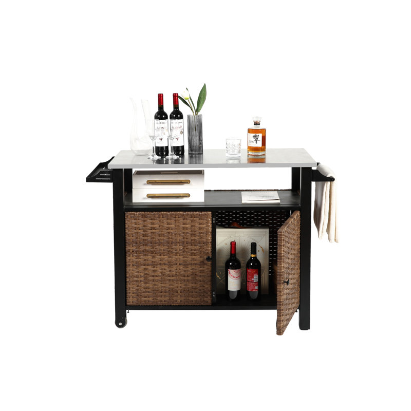 Grand chariot roulant extérieur et armoire de rangement avec plateau en acier inoxydable et poignée latérale pour la cuisine de patio, Brown Island Garden
