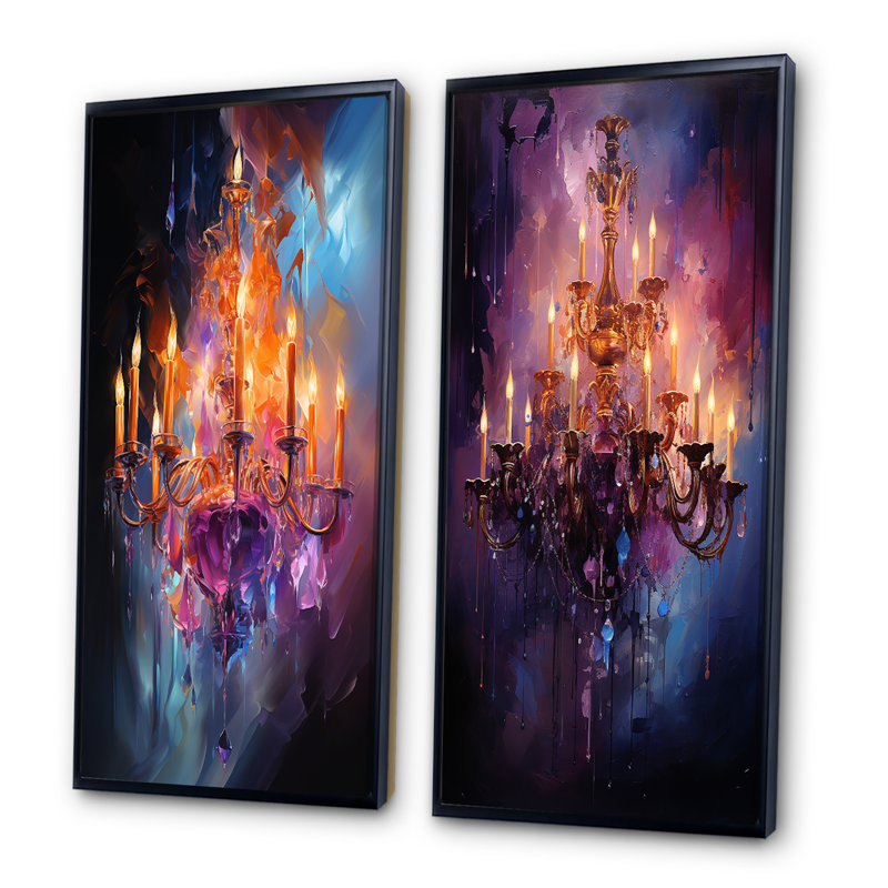 «Chandelier Dancing Light», 2 pièces sur toile, Cadre noir, H 20 po x l 24 po