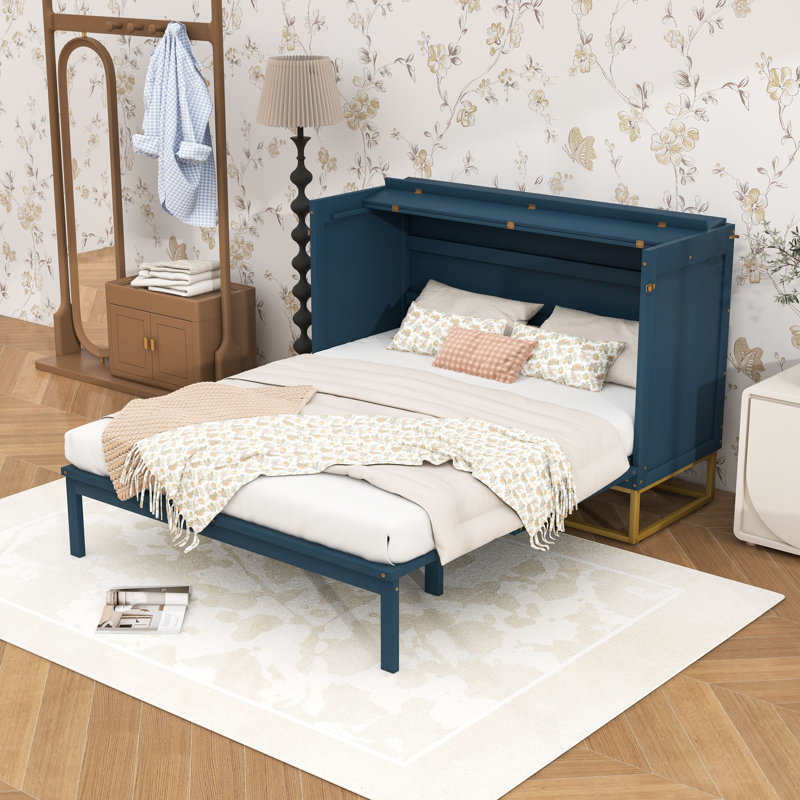 Grand lit escamotable en bois avec lattes, Bleu