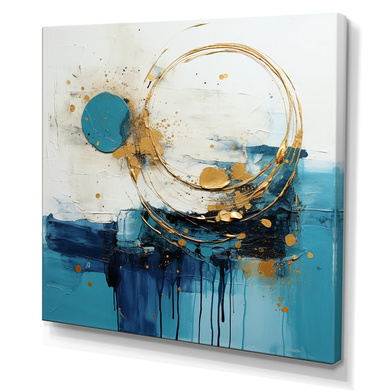 Céleste délice abstrait en turquoise et or I - reproduction d'art sur toile, H 16 po x l 16 po, Toile tendue