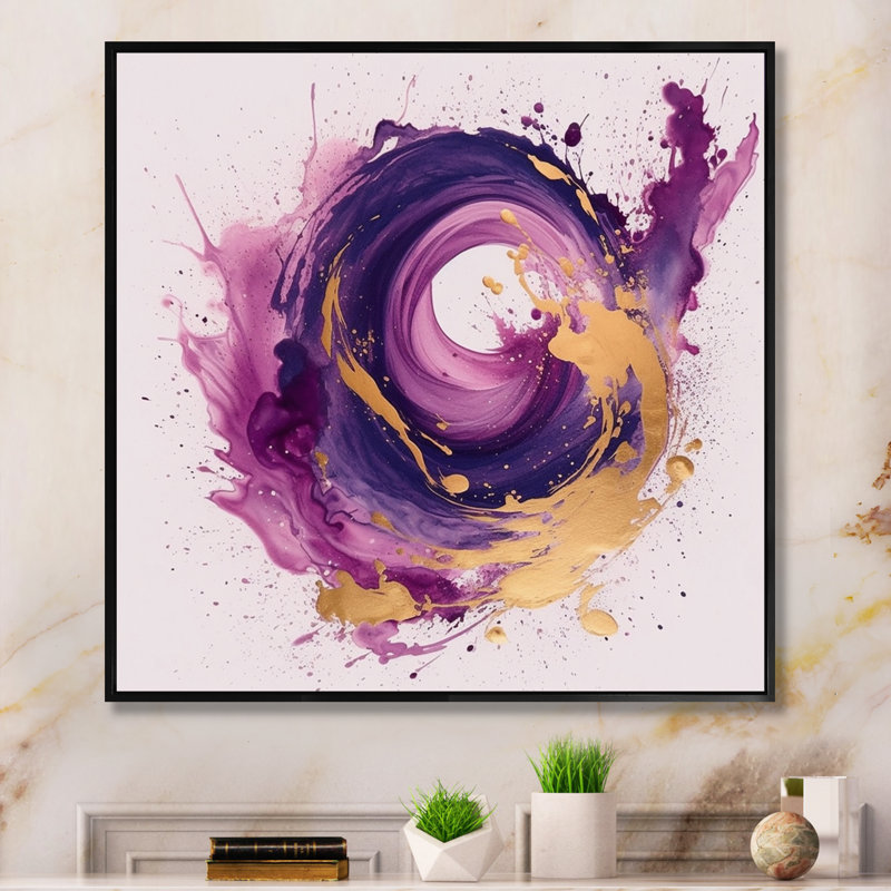 Toile abstraite, reproduction de spirale or mauve - Coups mauves et dorés II, Cadre flottant noir, H 30 po x l 30 po x P 1 po