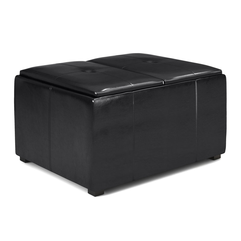 Avalon 35"W Upholstered Square Coffee Table Storage Ottoman with Flip-Over Trays, Brown, Midnight Black Faux Leather