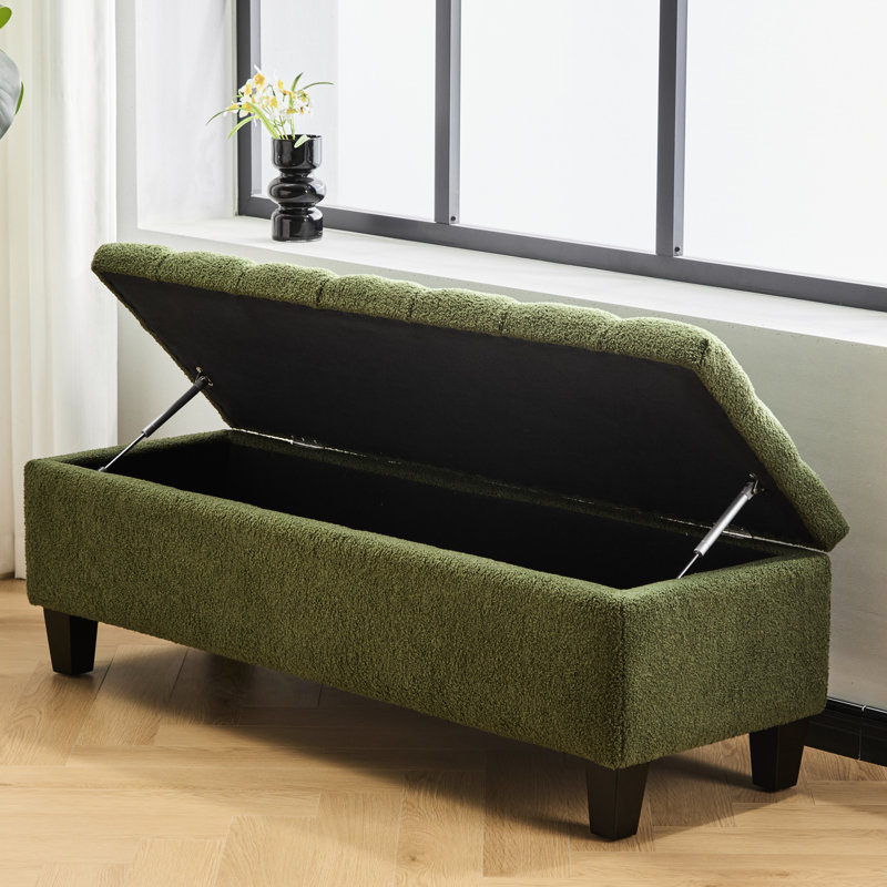 Banc avec rangement Boucle, pieds en bois d'hévéa, support de 300 lb, charnières douces pour un accès facile, conception capitonnée à boutons, différentes pièces convenables, housse et rangement de 50,63 po x l 17,39 po de hauteur.