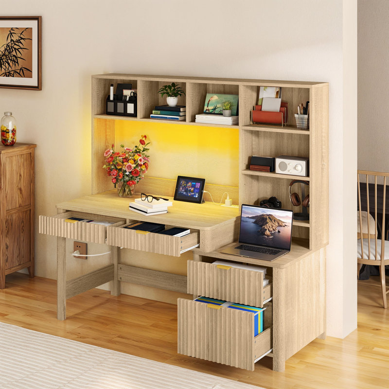 55'' Desk With Hutch, Power Outlets & LED Lights