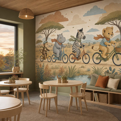 Papier peint texturé aquarelle, animaux de la savane, paysage mural amovible