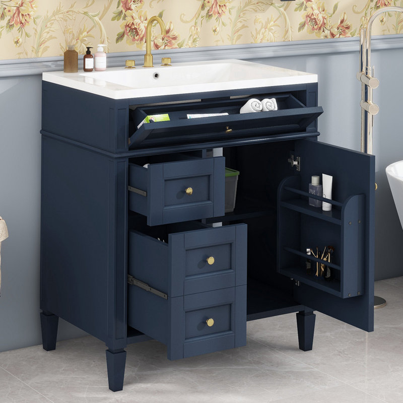 Duygu 30'' Single Bathroom Vanity with Ceramic Top, Blue, 4" Centerset