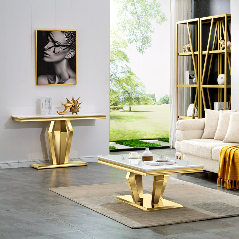 Luxurious Coffee Table And Console Table, 2-Piece White And Gold Living Room Table Set With Diamond-Shaped Base