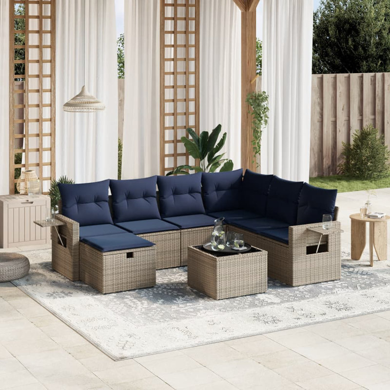 Ensemble de canapé de patio 8 pièces avec coussins en rotin de polyester, Marine, Gris