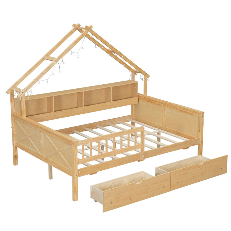 Lits plateforme en bois pleine grandeur avec DEL, tablettes de rangement, tiroirs et garde-corps, naturel, Naturel