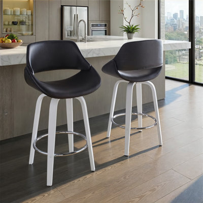 Tabouret de comptoir à hauteur fixe avec pivot en bois et similicuir avec repose-pieds rond chromé - ensemble de 2