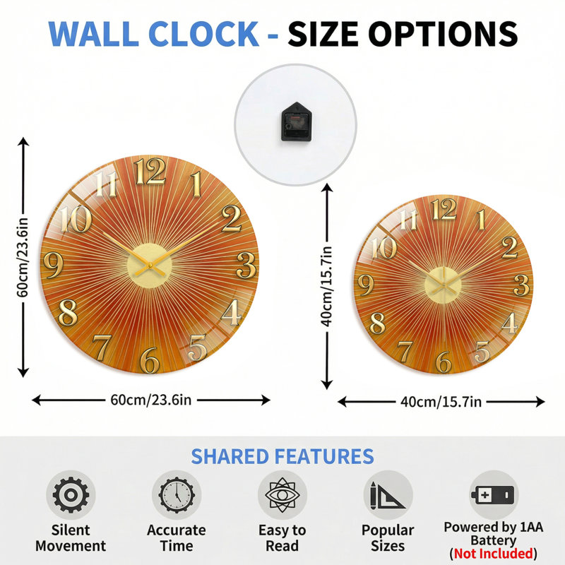 Sunburst Pattern Modern Decorated Glass Wall Clock Home Decor Art-15.7", 40x40cm(15.7x15.7inch)