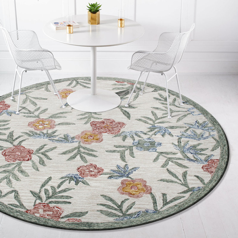 Tapis rond gris en laine crocheté à la main gris / jaune / rouge, Rond 6 pi