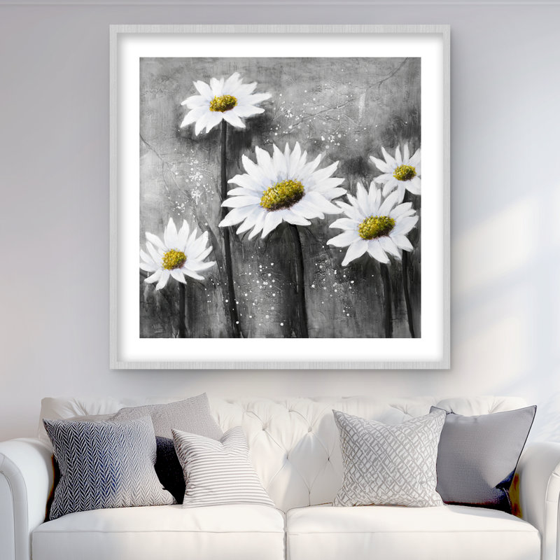 Imprimé floral marguerites encadrées, H 36 po x l 36 po, Argent argent