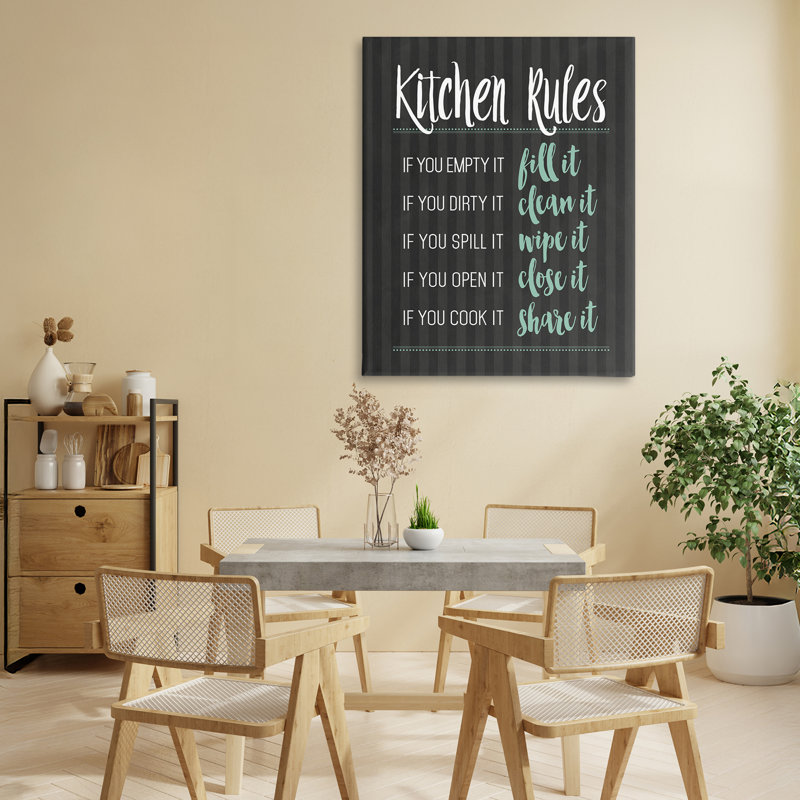«Kitchen Rules» sur toile noire et verte, design par lettré et doublé, H 30 po x l 24 po