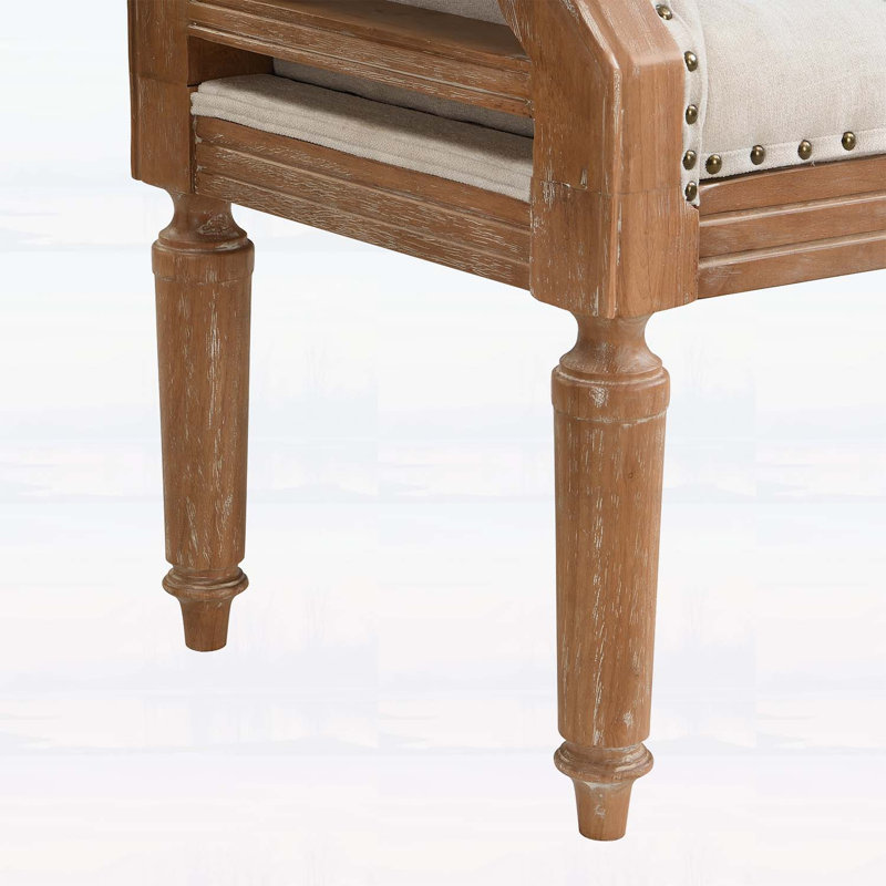 Banc rembourré en bois massif de style Mid-Century avec accoudoirs roulés, repose-pieds capitonné classique pour la chambre et le vestibule, beige