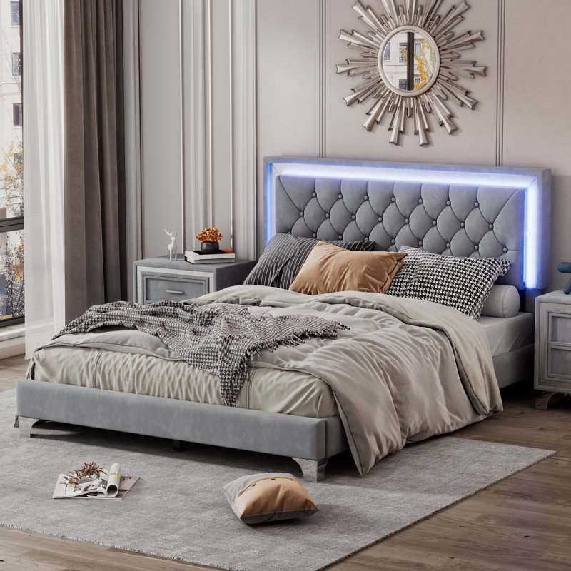 Structure de lit tapissier de taille avec lumières DEL, lit plateforme moderne en velours avec tête de lit capitonnée, Gris