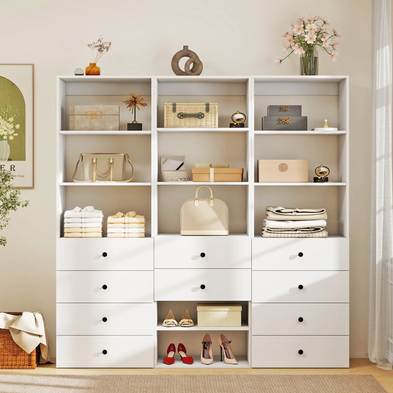 White Modular Walk in Closet Organizer System with 11 shelves and 10 drawers