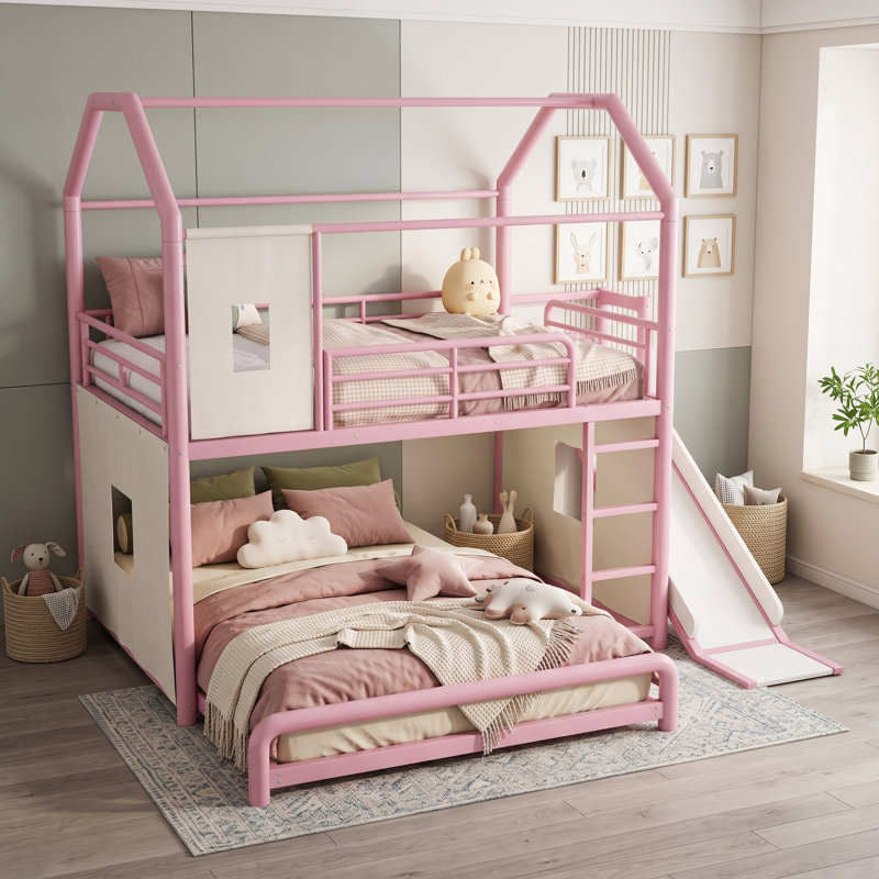 Lit superposé en métal avec bande lumineuse, glissade, tablettes et tringle, Double sur double, Rose