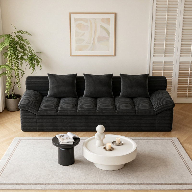 Chaise longue 71 po en velours côtelé noir 71 po, canapé 2 places avec 3 coussins et poches latérales pour la chambre à coucher, le bureau, aucun assemblage requis