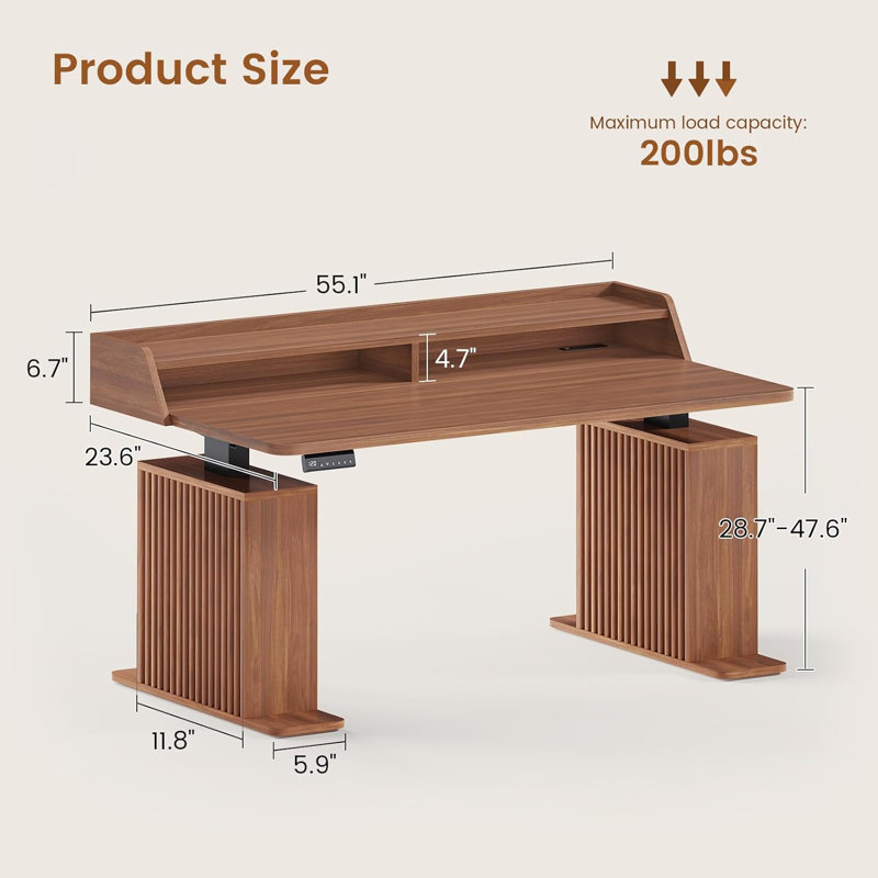 Bureau debout avec rangement pour ordinateur 55 "avec prises de courant et lumières DEL, Brun