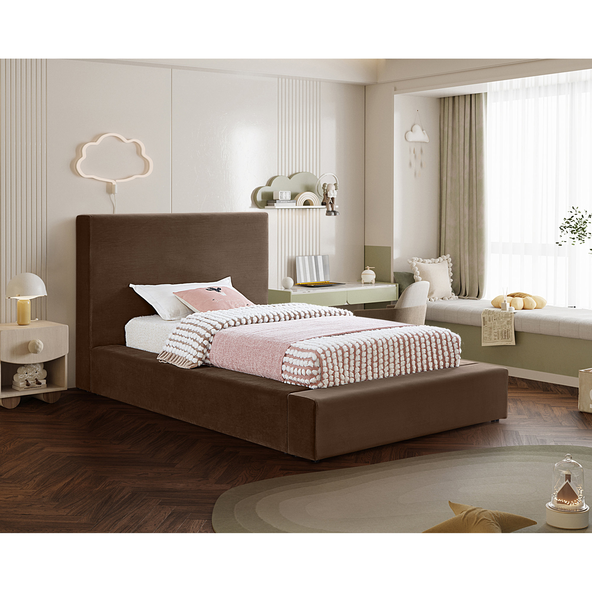 Ishia Upholstered Platform Bed, Brown Velvet, Twin