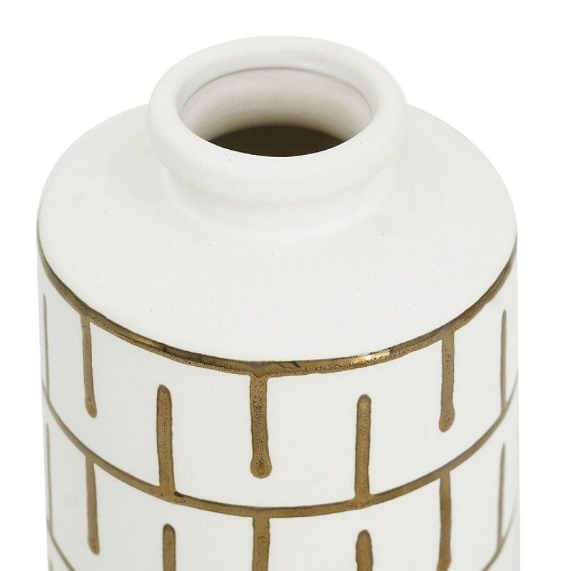 Round White Ceramic Vase with Gold Motif, 8.5" H x 5.7" W x 5.7" D