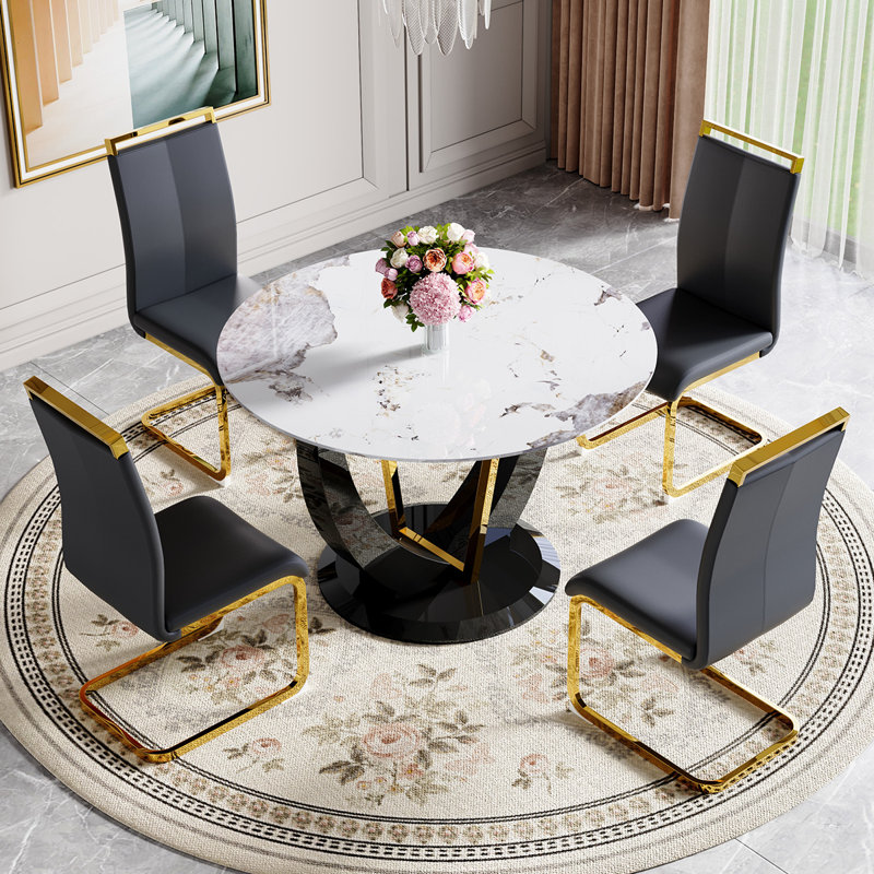 Ensemble de table ronde, 5 pièces: table, 4 chaises, Noir