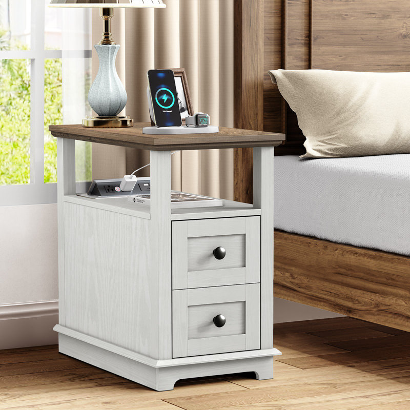 2 Drawers Bedroom Nightstands with Storage and Fast Charging Station, Individual, White