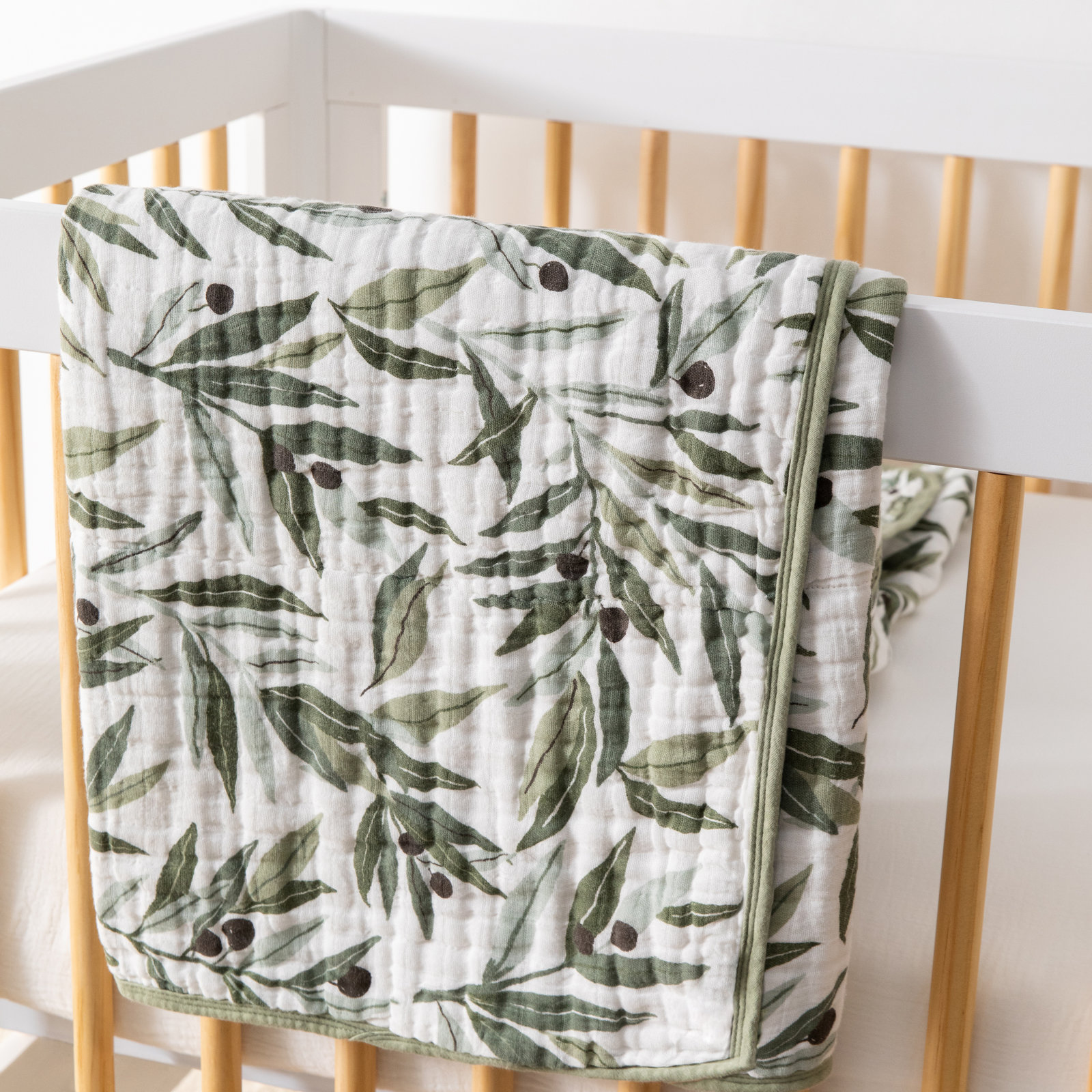 Olive Branches Muslin Quilt in GOTS Certified Organic Cotton