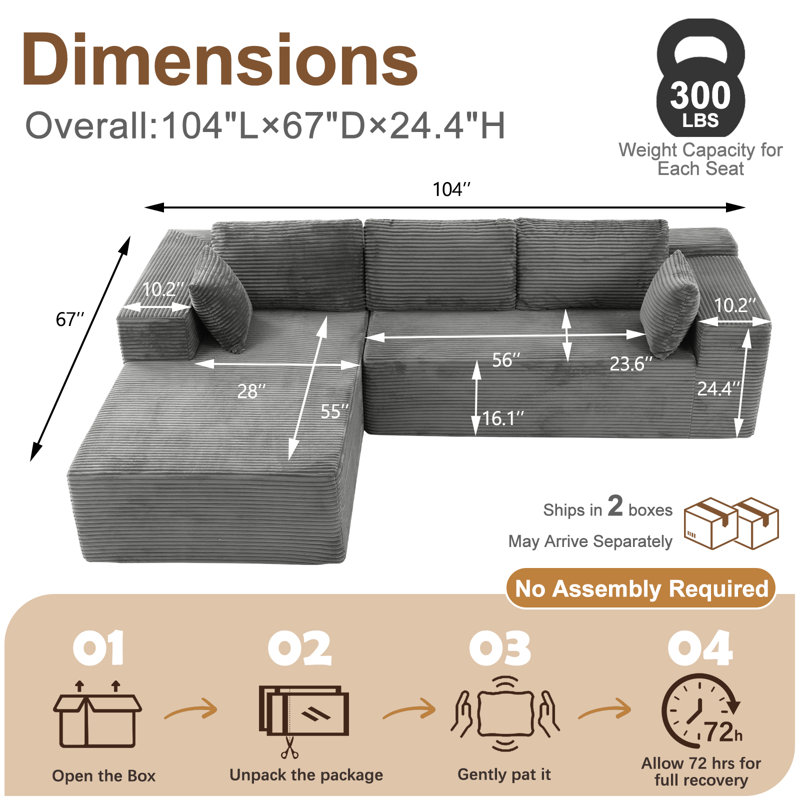 Cloud Sectional Couch In Two Boxes, Compressed Modular Sectional Sofa With Deep Seat, Gray Corduroy