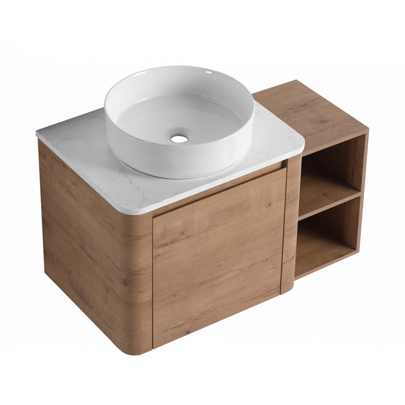 Meuble-lavabo mural avec lavabo d'art en céramique et 1 tablette de rangement, Blanc, 36"