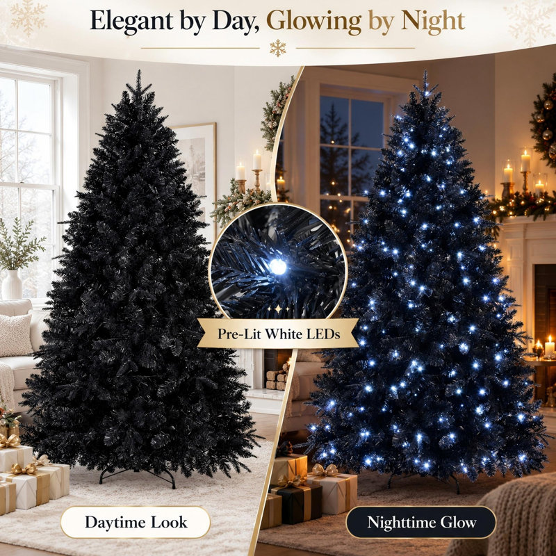 Sapin de Noël artificiel noir pré-illuminé avec lumières DEL blanches, feuillage dense en PE et PVC, branches articulées et support en métal