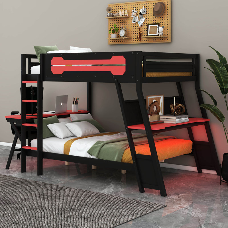 Lit superposé double pleine grandeur avec 2 bureaux intégrés, ports USB pour bureau et panneau perforé, cadre en bois pour enfants adolescents