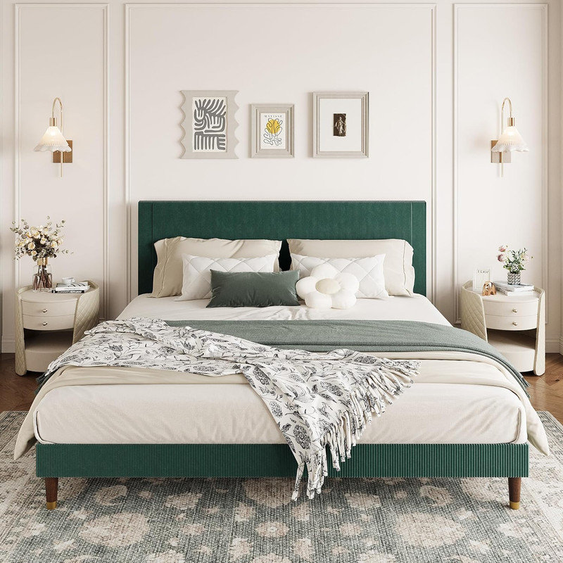 Upholstered Platform Bed with Fabric Headboard - Noise-Free, No Box Spring Needed, Easy Assembly, Green, King