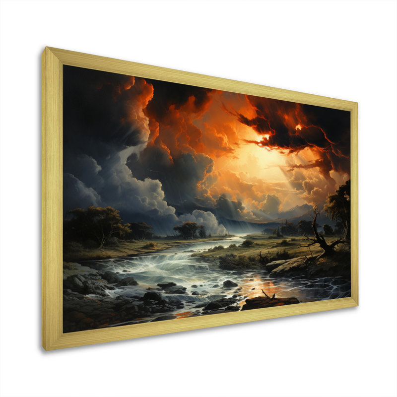 Tempête orange orangée éphémère sur toile, H 24 po x l 32 po x P 1 po, Cadre doré simple