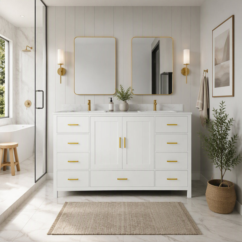 Base de meuble-lavabo durable avec portes à fermeture en douceur, tiroirs multiples et rangement rabattable pour une organisation améliorée