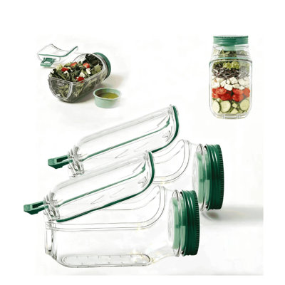 2PCS,Original The Plastic Salad Pod Mason Jar With Dressing Cup Side Open Snack for Lunch Container Suitable for Home Outdoor Travel And Party