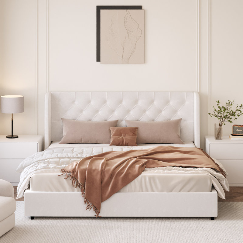 Lit plateforme tapissier Kewania Bedback, Blanc, Grand lit